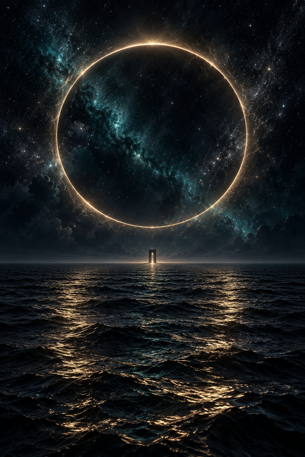 A luminous golden eclipse over a midnight ocean, with a distant glowing doorway